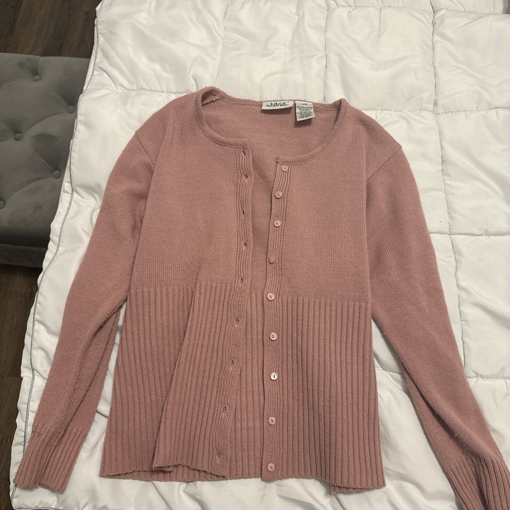Pink coquette style cardigan size large in women’s. Button up.